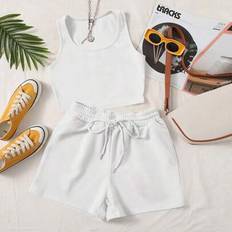 Pockets Tank Tops Shein Plus Size Women's Solid Color Round Neck Tank Top And Shorts Sets - Casual