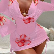 Shein Plus Size 3st Badkläder Set Beach Resort Vår Sommar Ny Cruise Spa Grimma Blommig Mesh Pearl Button - Rosa