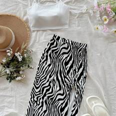 Elastane/Lycra/Spandex - Women Suits Shein Soleia Women's Casual Tight-Fitting Sleeveless Tank Top And High Slit Drawstring Waist Skirt Set - Zebra Print Pattern
