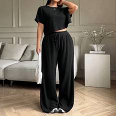 Stretch Suits Shein Plus Size Solid Crew Neck Short Sleeve Top And Long Pants Set - Summer/Spring
