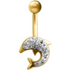 Piercings Jewelco London 9ct Yellow Gold White Round Crystal Dolphin Banana Belly Bar - Yellow Gold/White
