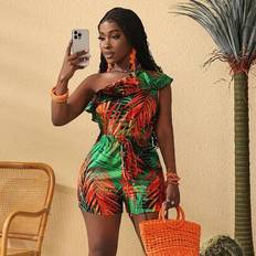 Shein Beach New Spring And Summer Vacation One-Shoulder Ruffle Collar Waist Shorts - Green Bottom Orange Leaf