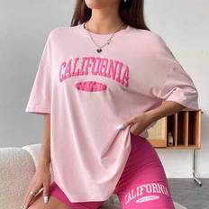 Pink Suits Shein Casual Set With Letter Print Round Neck Short Sleeve T-Shirt - Women's