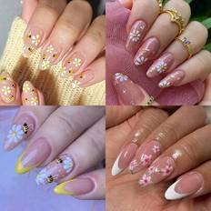 Shein Långa Mandlar Blomnaglar Design Fransk Spets Press On Nails Set - Multifärgad