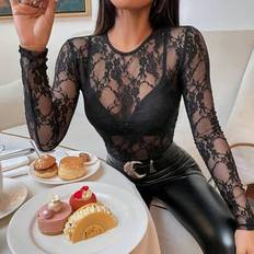 Shein Plus Size Women Fashionable Sexy Lace Sheer Figure-Flattering Blouse