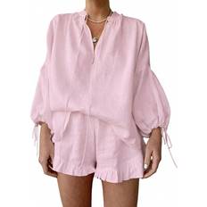 Linen Underwear Shein Women Summer Cotton 2Pcs Outfits Long Sleeve Tie-Up V-Neck Shirts - Elastic Waist
