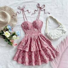 Shein Kvinnors Semester Romantiskt Blommig Jacquard Midja Samlad Dubbellager Volanger Mini Prinsessklänning - Rosa