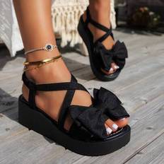 Shein Women's Black Platform Sandals With Large Bow Decor - Black