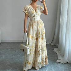 Tie Dye Jumpsuits & Overalls Shein Elegant Golden Foil Printed High Waist Pleated Long Jumpsuit - Summer
