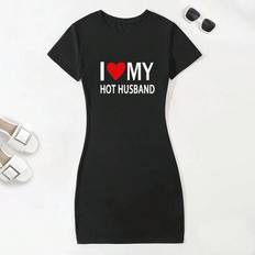 Solid Colours Nightgowns Shein Comfortable I Love My Hot Husband Slogan Print Casual Short-Sleeve Crew Neck Polyester Blend Knit Sleepshirt - Nightgown