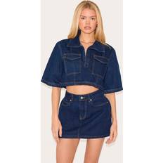 PrettyLittleThing Indigo Contrast Stitch Cropped Denim Shirt - Indigo