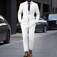 Men - White Suits Shein Men's Minimalist Solid Color Suit Jacket And Trousers Set - White