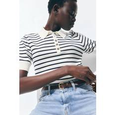 H&M Women Polo Shirts H&M Fine-knit Polo Shirt - White