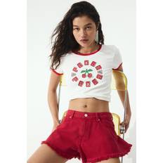 Red - Women Shorts H&M Frayed-Edge Denim Shorts - Red