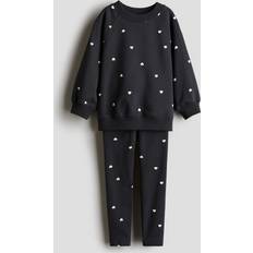 H&M 2-Delat Set Med Sweatshirt Och Leggings - Mörkgrå/Hjärtan