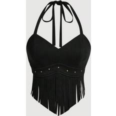 Shein Summer Vintage Mocka Halter Neck Topp med Tofs Fransar Dekoration - Svart