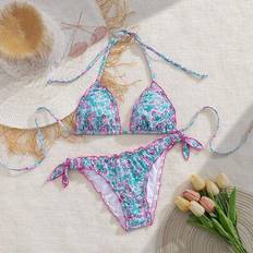 Polyester Bikinis Shein Cute Floral Lace Pleated Bikini Two Pieces Set - Summer Island Vacation