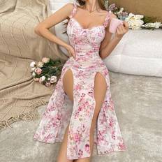 Shein Undertøj Shein Spaghettiarmband För Kvinnor Rosett Blommönster Casual Slit Nattlinne - Multifärgad