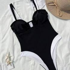 Shein Damkontrastfärgad Camisole Style One-Piece Baddräkt - Svart/Vitt