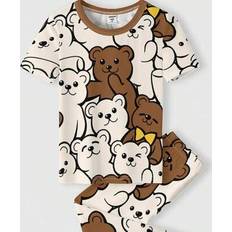 6-9M Pyjamases Shein Baby Boy Casual Cartoon Bear Print Fitted Crew Neck Comfortable Short Sleeve Pajamas Set - Spring/Summer