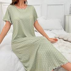 Shein Round Neck Polka Dot Lettuce Trim Pajama Nightdress Long Dress