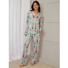 Green Pyjamas Threadbare Womens Printed Long Button-Through Pyjama Set - Green