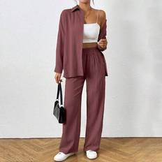 Shein Kostymer Shein Kvinnors 2-delade Set Långärmad Skjorta Och Byxor - Redwood