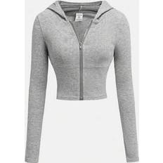 Cardigans Shein Teen Girls Plain Rib Knit Hooded Cardigan Jacket With Zipper - Slim Fit