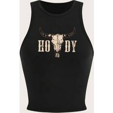 Shein Plus Size Women Crop Top With Western Bull Head Pattern - Sexy Casual