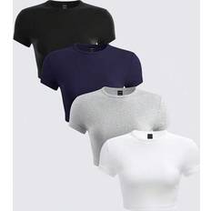 Shein Women Solid Color Knitted Round Neck Short Sleeve Slim Fit Cropped T-Shirts