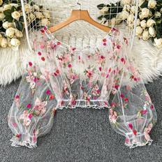 Florals Swimsuit Cover-Ups & Sarong Wraps Shein Plus Size Off Shoulder Floral Mesh Embroidery Sheer Loose Elegant Summer Fashion Puff Sleeve Lace Cover Up