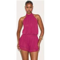 PrettyLittleThing Chiffon High Neck Drop Waist Playsuit - Dark Plum