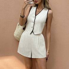 Linen Suits Shein Linen Contrast Color Trim Vest & Shorts Suit Set - Old Money