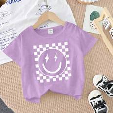 Children's Clothing Shein Baby Girl Casual Minimalist Smiling Face Print Short Sleeve Round Neck T-Shirt - Summer