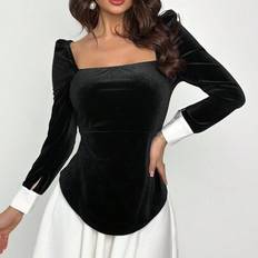 Sammet T-shirts Shein Elegant Romantisk Fransk Stil Dam Fyrkantig Hals - Svart