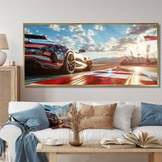 Ebern Designs Sports Car At The Track Race Tracks Wall Print Canvas Plastic Metal in Gold Floater Canvas Framed Art