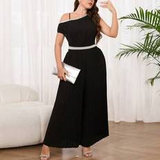 Silver - Women Jumpsuits & Overalls Shein Plus Size Women Asymmetric Neck Loose Silver Diamond Neckline Pleated Bottom Wide Leg Jumpsuit - Black