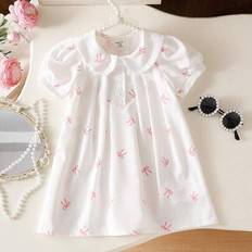Children's Clothing Shein Baby Girls Korean Style Casual Cute Collar Printed Butterfly Bow Short Sleeve Dress - Pink