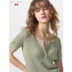 Uniqlo Japan Point Tail Knit Henley Neck Sweater Short Sleeve - Green