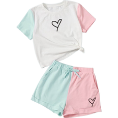 Shein Girls Heart Print Colorblock Tee & Knot Front Shorts