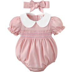 Pink Bodysuits Shein Baby Contrast Peter Pan Collar Puff Sleeve Bodysuit & Headband