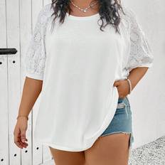 Shein Damen Große Größen Top mit Unterschiedlichem Materialmix - Weißes T-Shirt