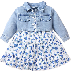Shein Baby Flap Pocket Denim Jacket & Floral Print Ruffle Hem Cami Dress