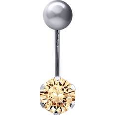 Women Piercings Jewelco London Ladies 9ct Yellow Gold 6mm Cubic Zirconia Solitaire Banana Belly Bar Body Piercing - White Gold