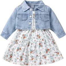 Shein Baby Flap Pocket Denim Jacket & Floral Print Ruffle Hem Cami Dress