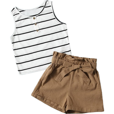 Shein Girls Striped Tank Top & Paperbag Waist Belted Shorts Set