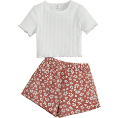 Shein Toddler Girls Lettuce Trim Tee & Floral Print Shorts