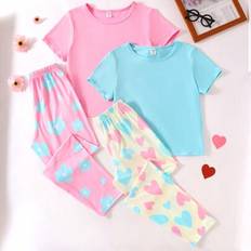 Shein Casual Floral Heart Pattern Long Pants Solid Color Short Sleeve Top Pajama Set
