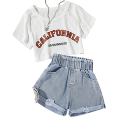 Shein Toddler Girls Letter Graphic Tee & Paperbag Waist Ripped Denim Shorts