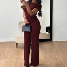 Shein Damen Set Bestehend Aus Einfarbiger Bluse Mit Schräger Kragen Und Raffung - Weit